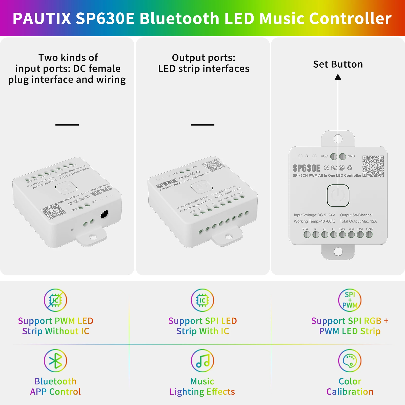 PAUTIX SPI PWM Pixels All In One LED Light Strip Controller DC5V-24V WS2812B WS2811 RGB RGBW CCT Bluetooth Music Controller