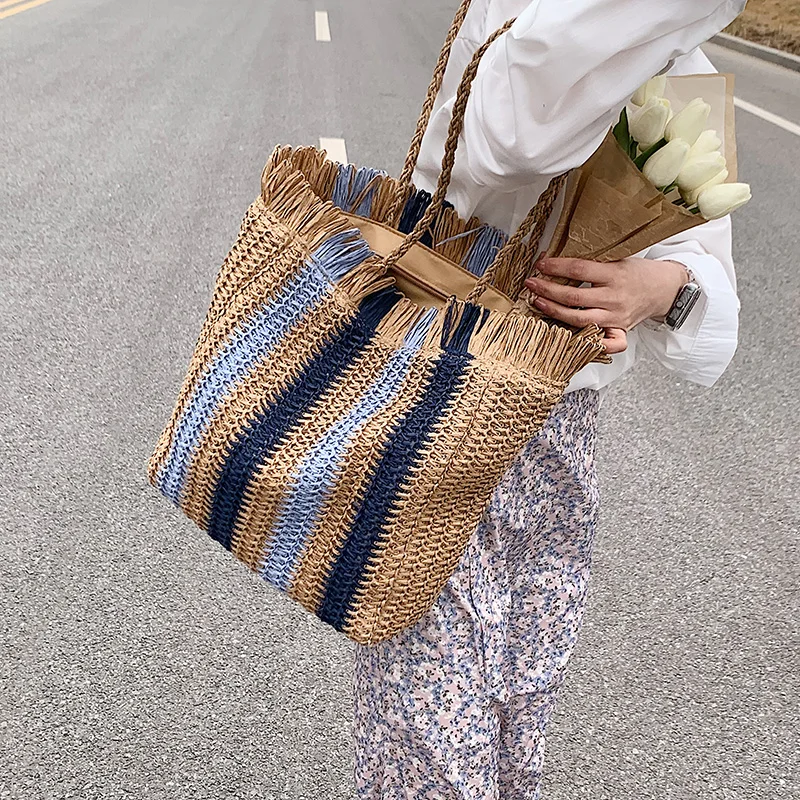 Striped Beach Straw Bag Large Capacity Shoulder Bag For Women Handmade Woven Handbag Raffia Rattan Bag Vacation Casual Tote Bag