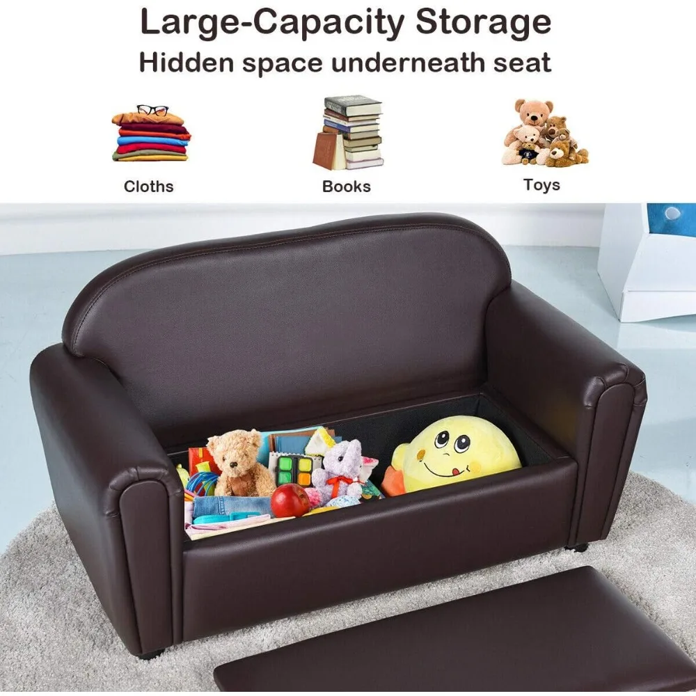 Kids Couch, Double Seat Children's Sofa w/Under Seat Storage, Toddler Armrest Chair, Kids Room, Soft Kids Sofa with Storage