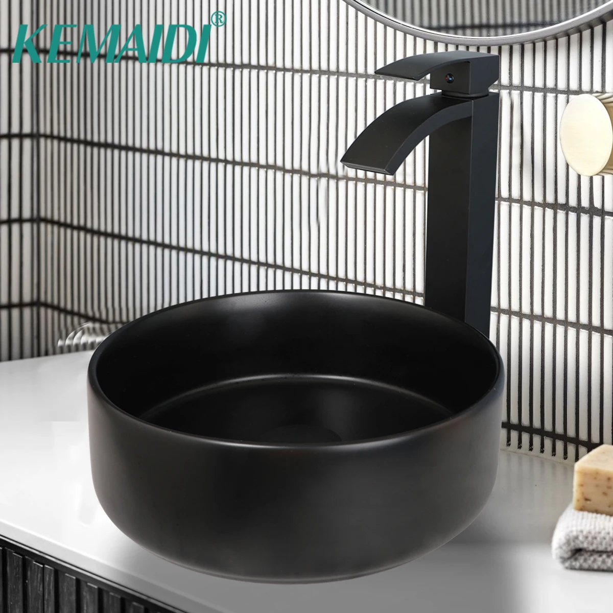 KEMAIDI Matte Black Ceramic Washbasin Round Lavatory Basin Bowl Bathroom Sink Faucet Combo Hot Cold Water Faucets Mixers & Tap