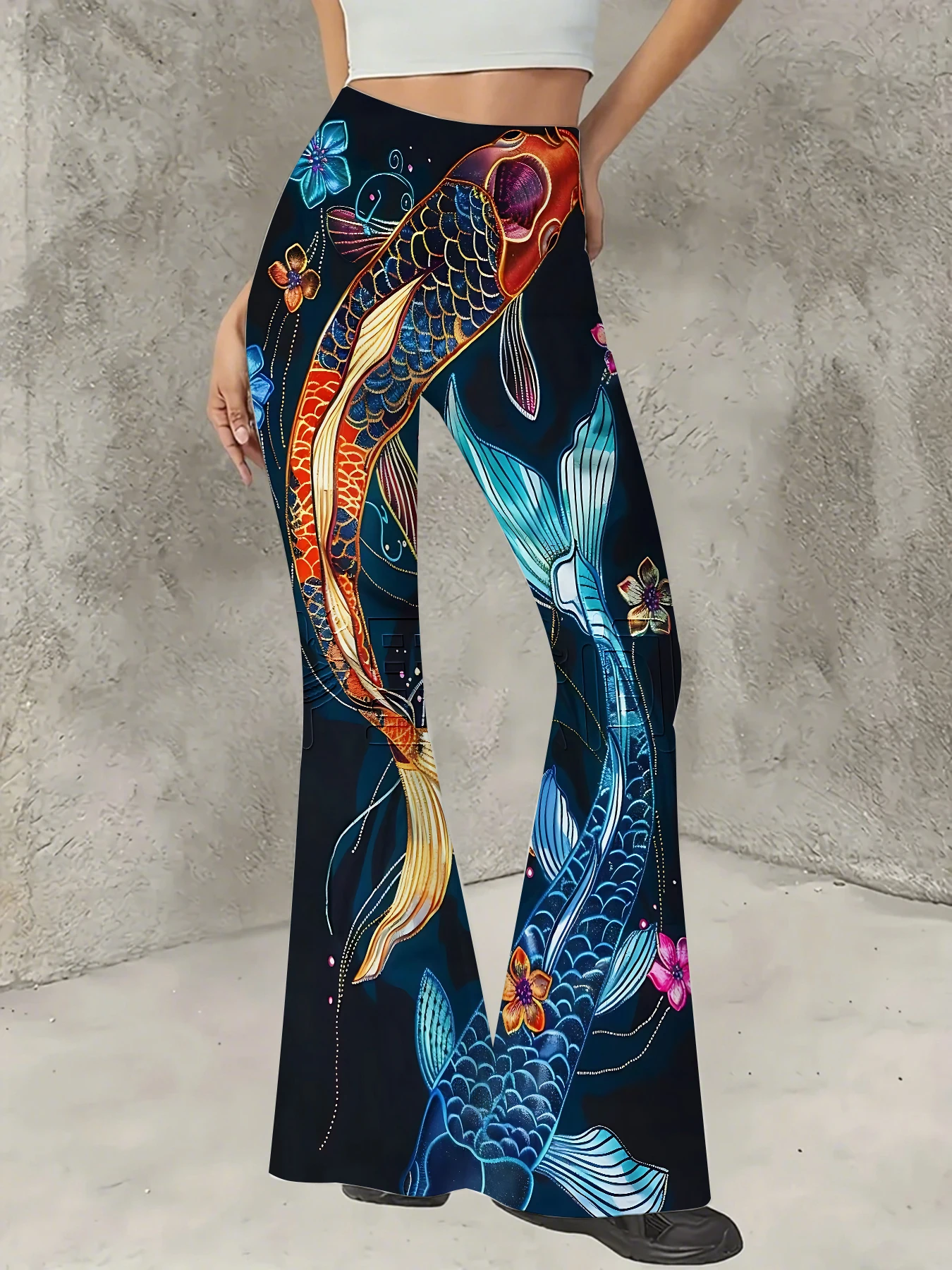

Korean Style Printed Flare Pants Women High Waist Slim Fit Bell Bottom Leggings