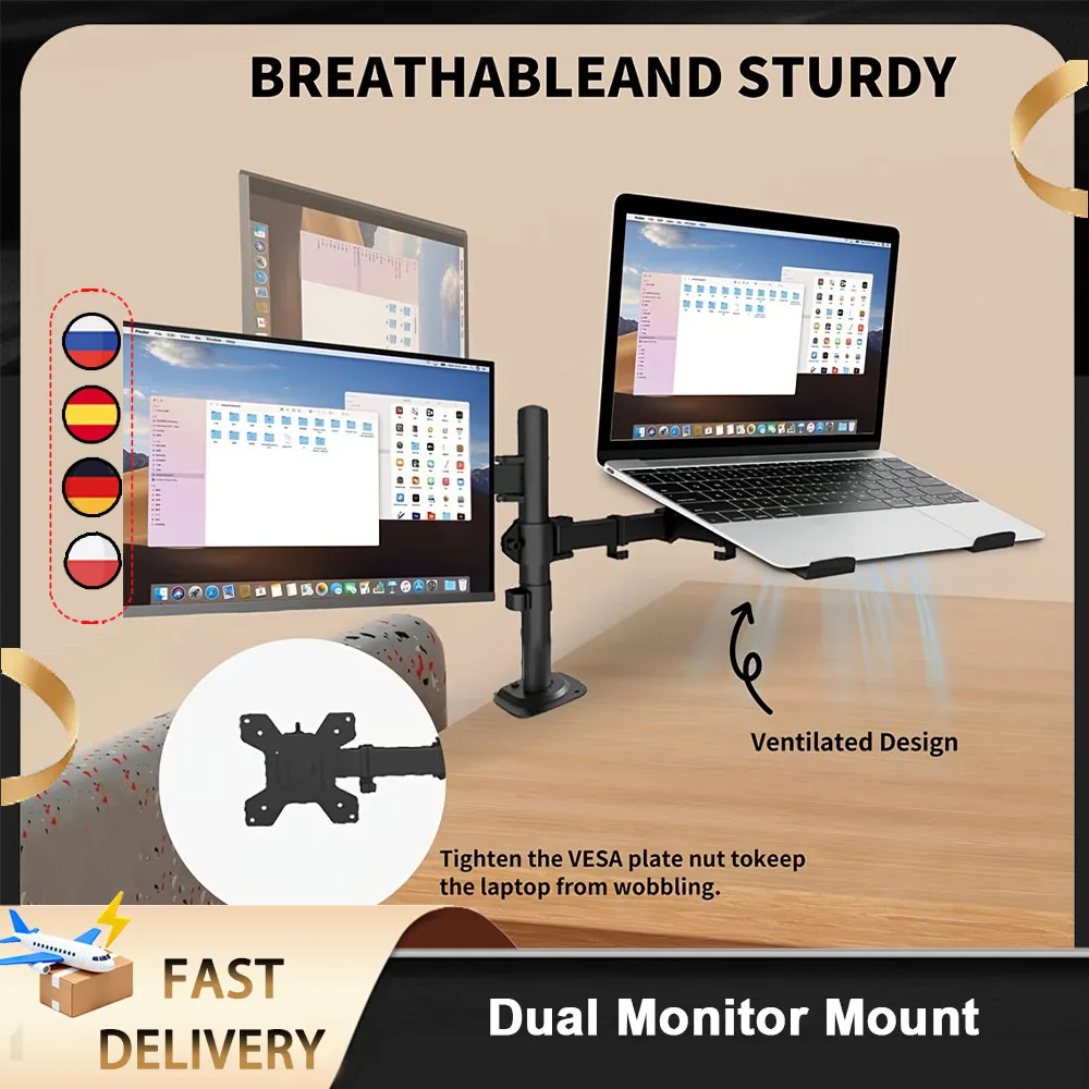 Laptop- und Monitor-Doppelständer mit Klemme, vollständig verstellbarer ergonomischer Schreibtischständer für 13-27 Zoll Bildschirme, robuster Stahlarm, 8 kg Tragkraft