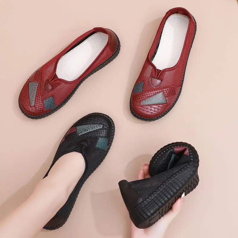 Women Loafers Summer Mesh Mom Flat Shoes Breathable Soft Sole Female Flats Casual Shoes Fashion Ladies Grandma Non-slip Loafers