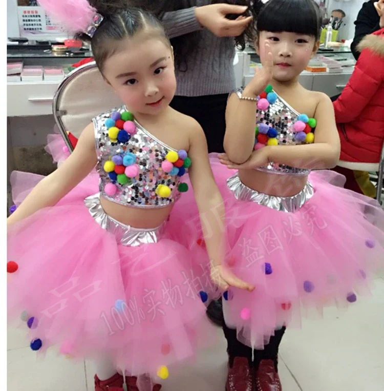 Children girls sequined costumes jazz modern jazz dance costume catwalk show clothes children tutu veil