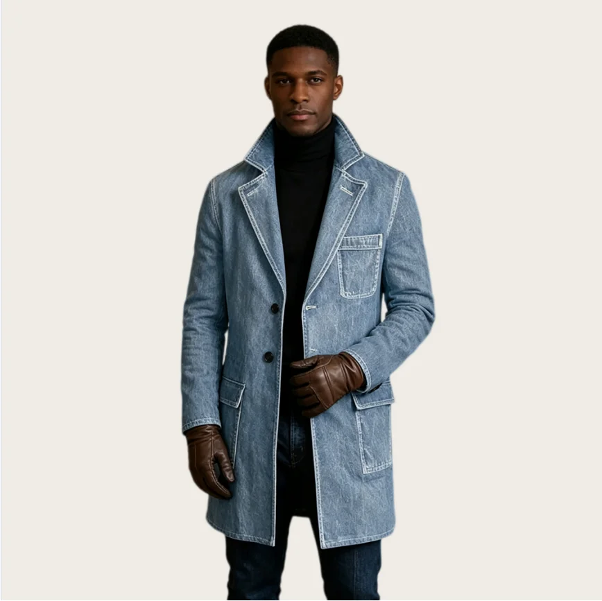 Men's Washed Denim Trench Suits Mid Length 1940s Vintage Slim Fit Notched Lapel Faded Jean Coat for Business Casual Daily Wear