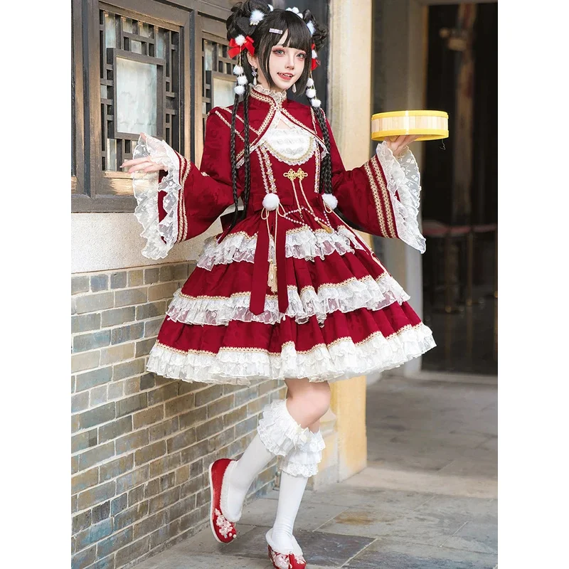 

New original Princess Lolita Dress Sweet and cute everyday New Year Christmas Chinese style red LOLita dress set