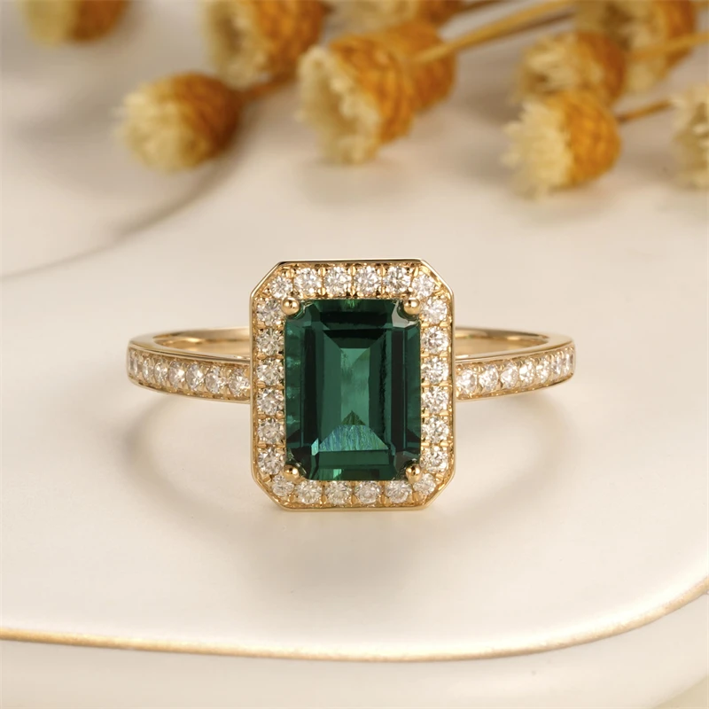 

CxsJeremy Solid 14K 585 Yellow Gold Engagement Ring 6*8mm Lab Created Emerald Center With Moissanite Wedding Band Women Gifts