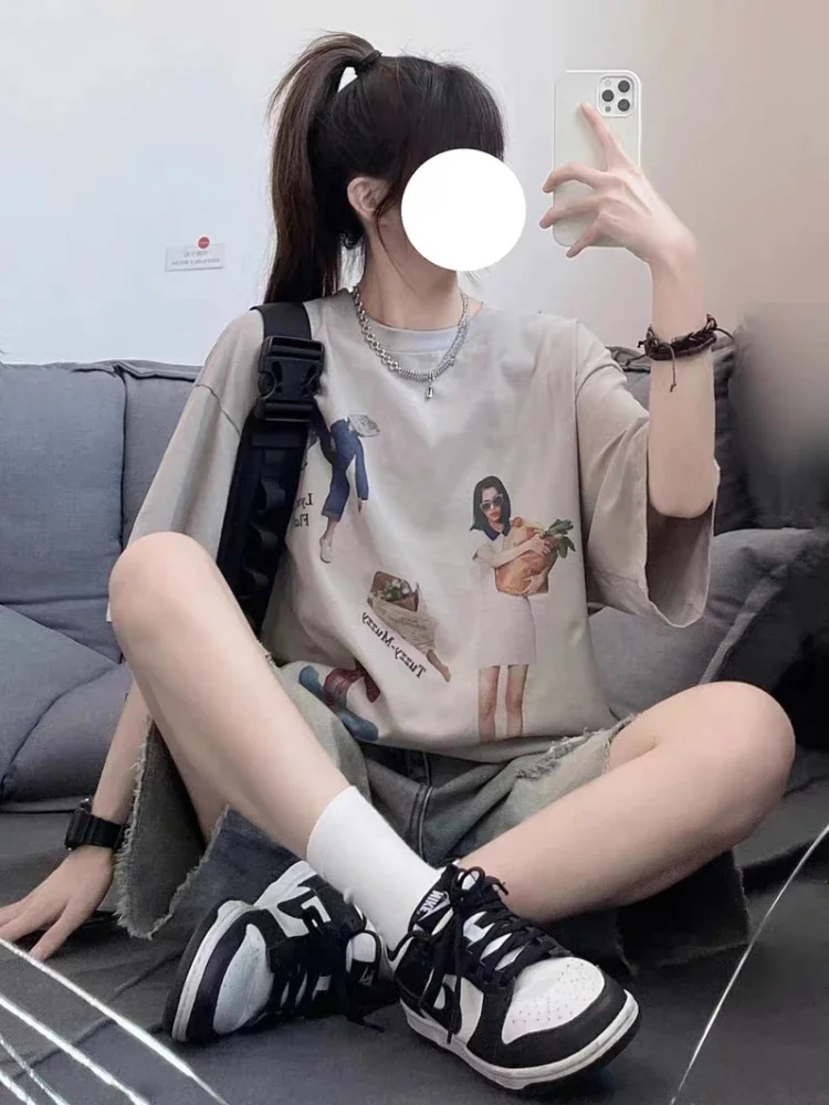 Jeans Donna Dolce Studenti Lunghezza al ginocchio Denim strappato allentato Giovane semplice stile retrò americano Chic Distressed Harajuku High Street