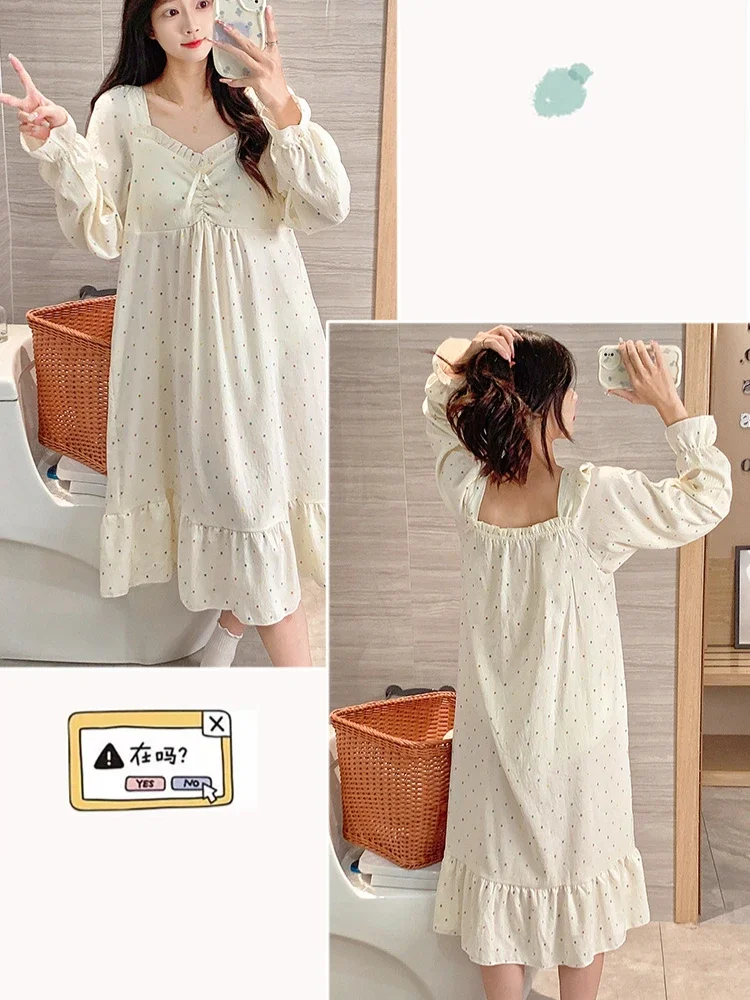 5XL Plus Size Sweet Nightgown with Chest Pad Women Autumn Long-sleeved Loose Pajamas Students Home Dress Cloud Cotton Loungewear