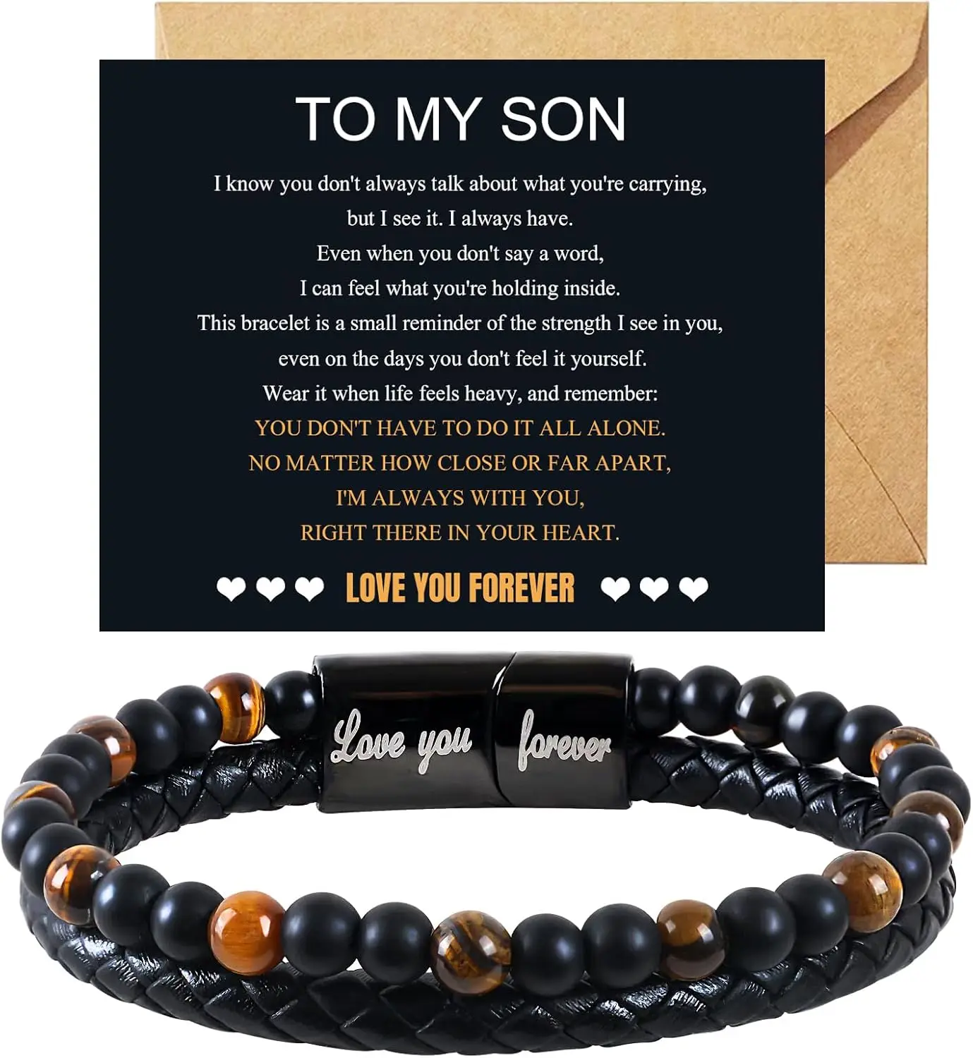 Image of Tigerauge-Stein-Armbänder, Geburtstagsgeschenk für meinen Sohn, Lederarmband, mit der Aufschrift „Love You Forever“-Grußkarten, Geburtstagsgeschenk