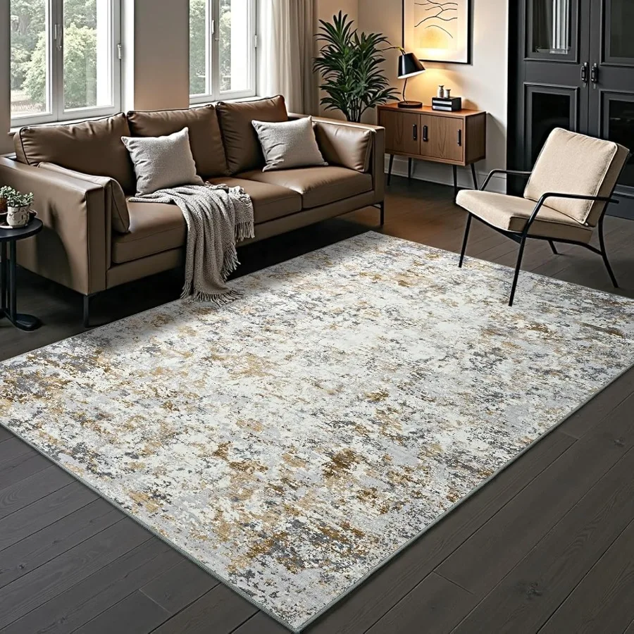 

Modern abstract area rug with washable and soft low pile texture nonslip backing ideal for bedroom living room and dining room
