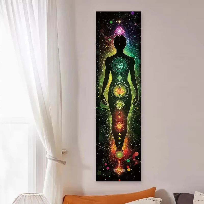 Yoga Human Body Chakra Tree Vertical Tapestry Bohemian Spiritual Psychedelic Wall Hanging for Meditation Bedroom Home Decor