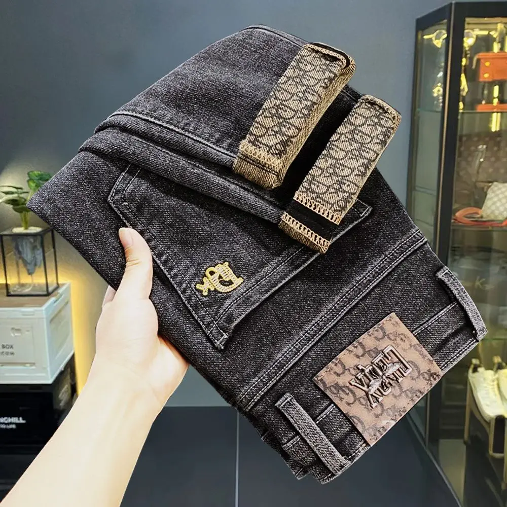 الجينز الرجال الخريف/الشتاء الراقية العصرية العلامة التجارية التطريز مايكرو فضفاضة تناسب عادية تمتد تنوعا السراويل الرجال الجينز السراويل