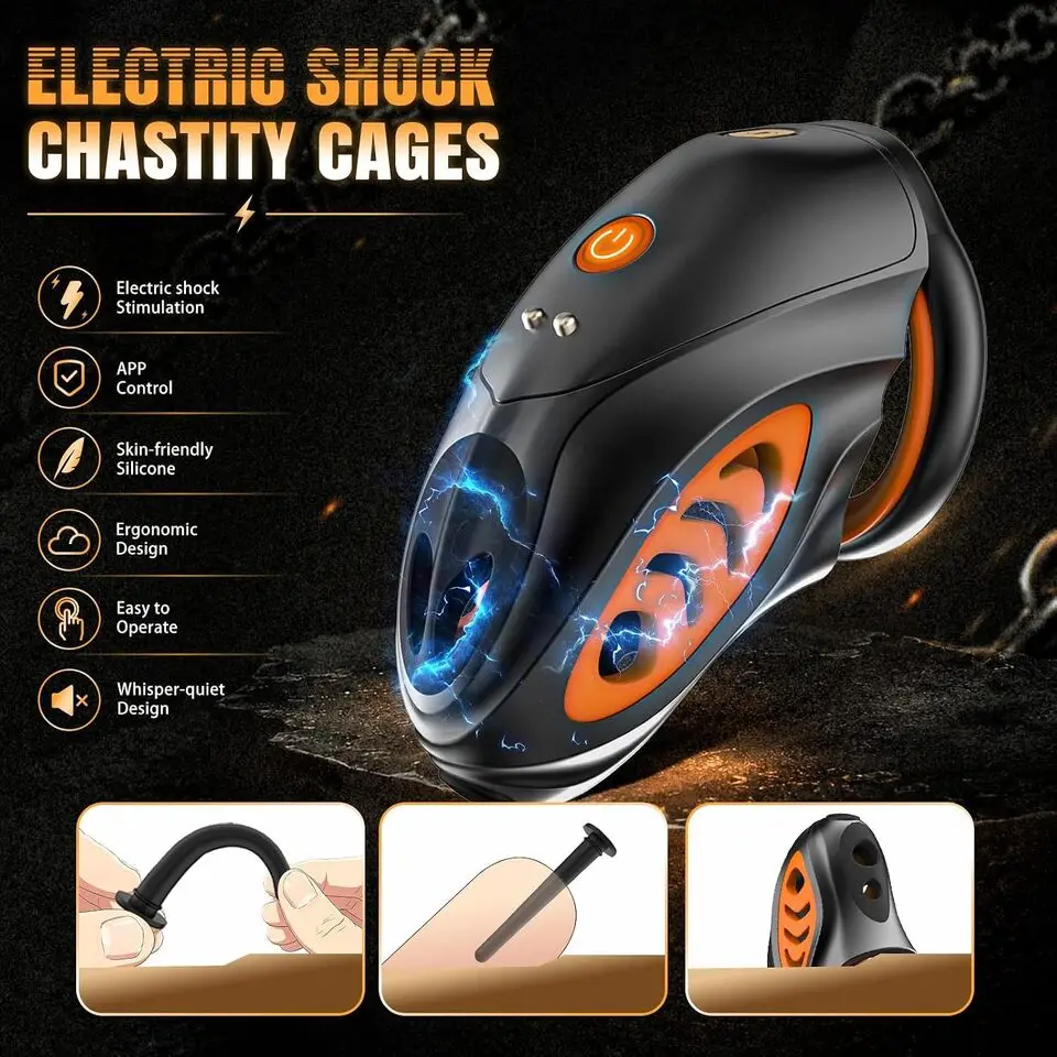 New Wireless Remote Control Electric Shock Cage Male Chastity Cock Ring Lock Electrically Stimulated Penis Cage Adult Sex Toys view 4