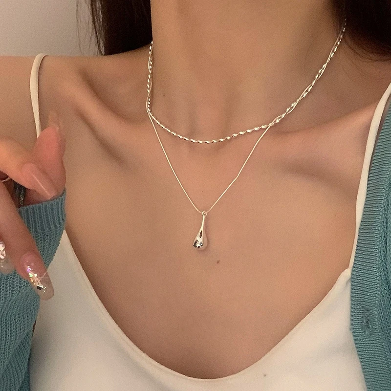 925 Sterling Silver Double Layer Water Drop Necklace Geometric Shape Pendant Choker Birthday Party Gift Women\'s Fine Jewelry