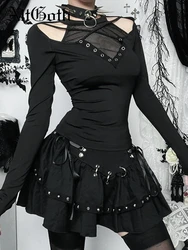 AltGoth Dark Academia Goth T-shirt Women Streetwear Harajuku Sexy Y2k E-girl Hollow Out Mesh Patchwork Long Sleeve Crop Tee Tops
