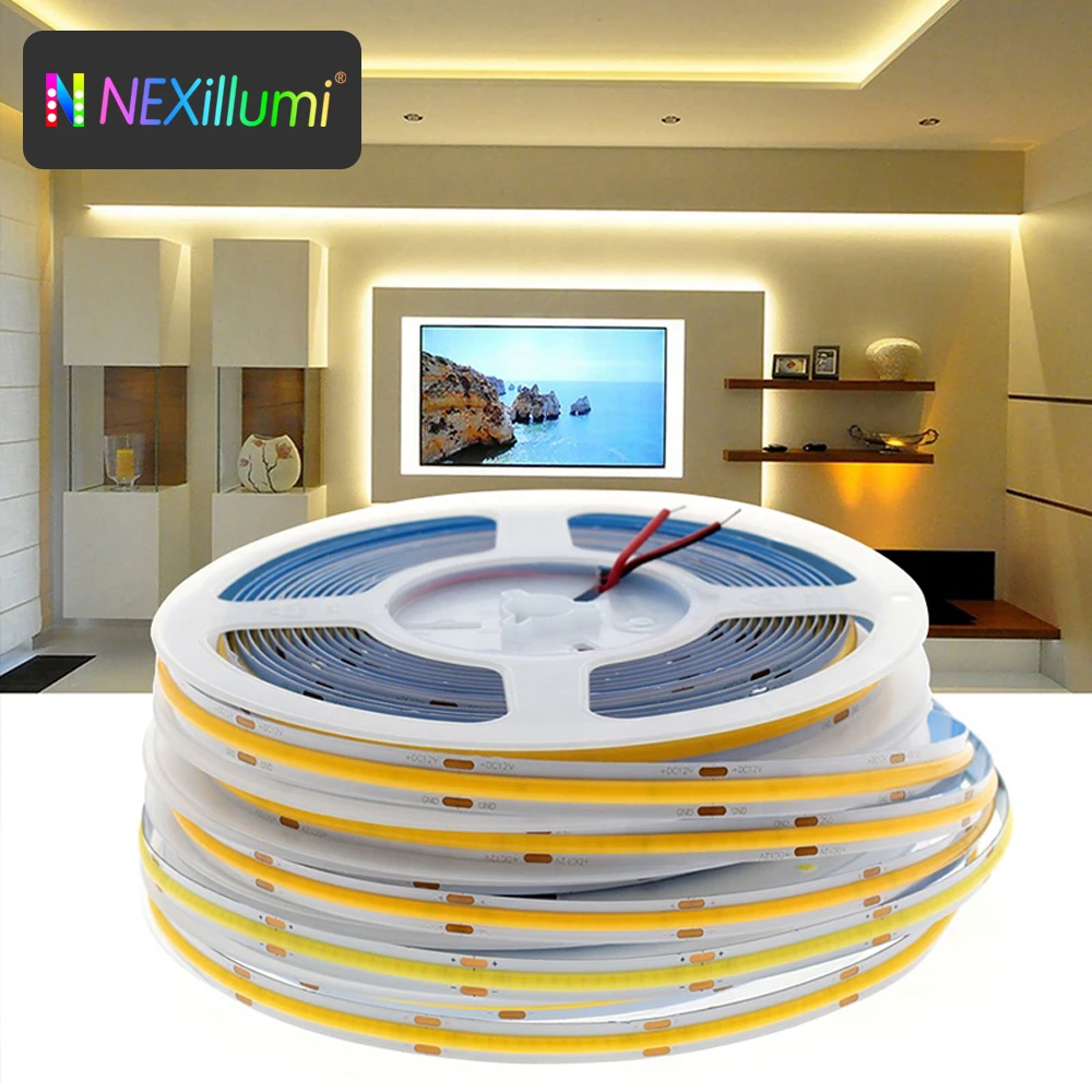 

Nexillumi ,FCOB COB Led Strip High Density Flexible Tape Ribbon 3000-6500K RA90 Led Lights DC12V 24V 1M-10M