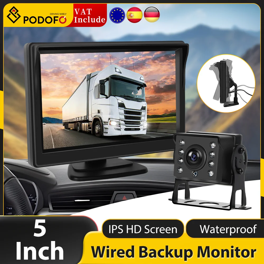 Podofo 5-inch IPS HD Screen Universal Wired Reverse Camera Anti-interference Long Range IP68 Waterproof Infrared Night Vision