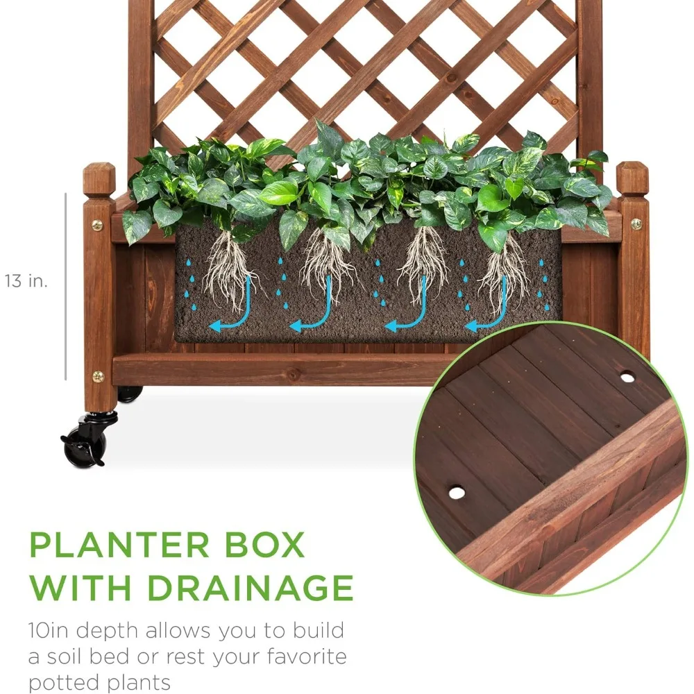 60in Wood Planter Box & Diamond Lattice Trellis, Mobile Outdoor Raised Garden Bed for Climbing Plants w/Drainage Holes