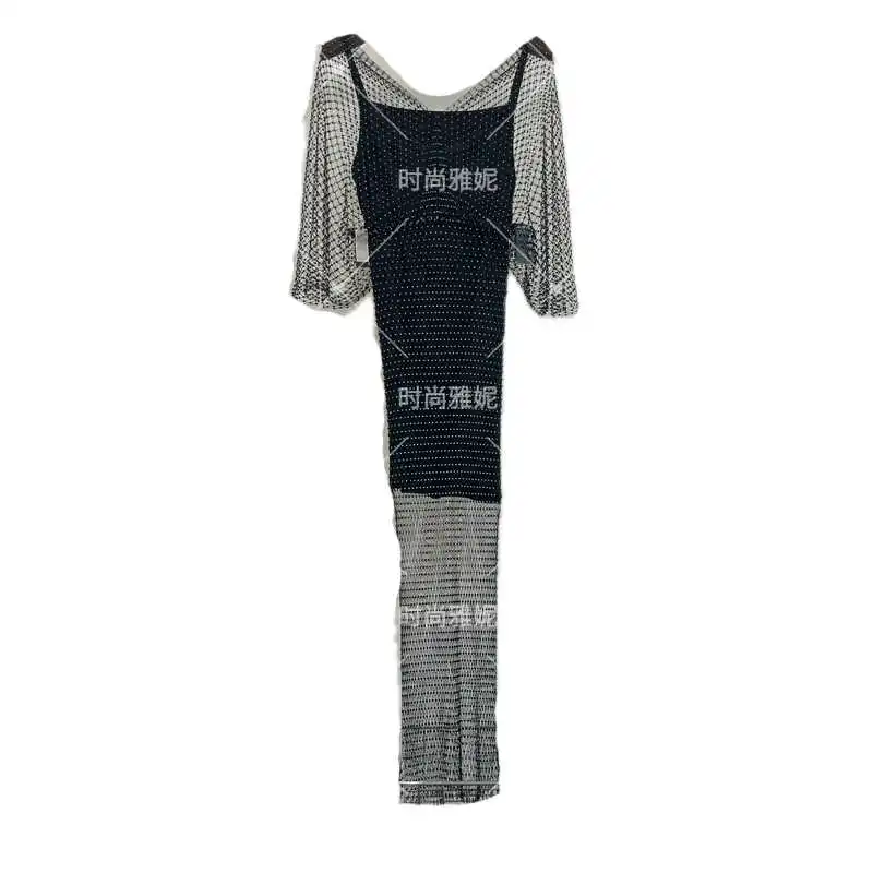 Fashion New Design Sense Unique V-neck Light Luxury Socialite Mesh Fishnet Diamond-Embedded Dress Two-Piece Set Women's Vestidos image 2