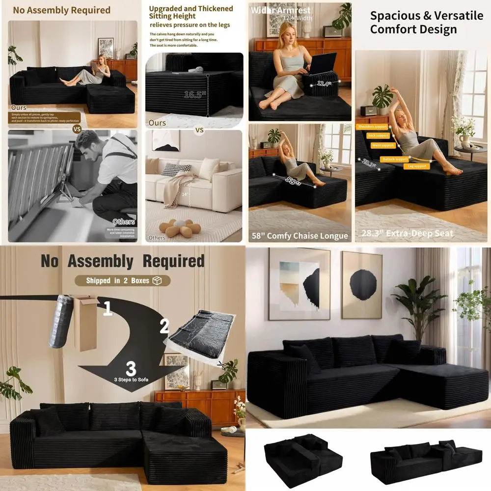 

L-Shaped Sectional Couch with Sleeper Sofa, Reclining and Comfortable Memory Foam, Corduroy Fabric, Black Living Room Furniture