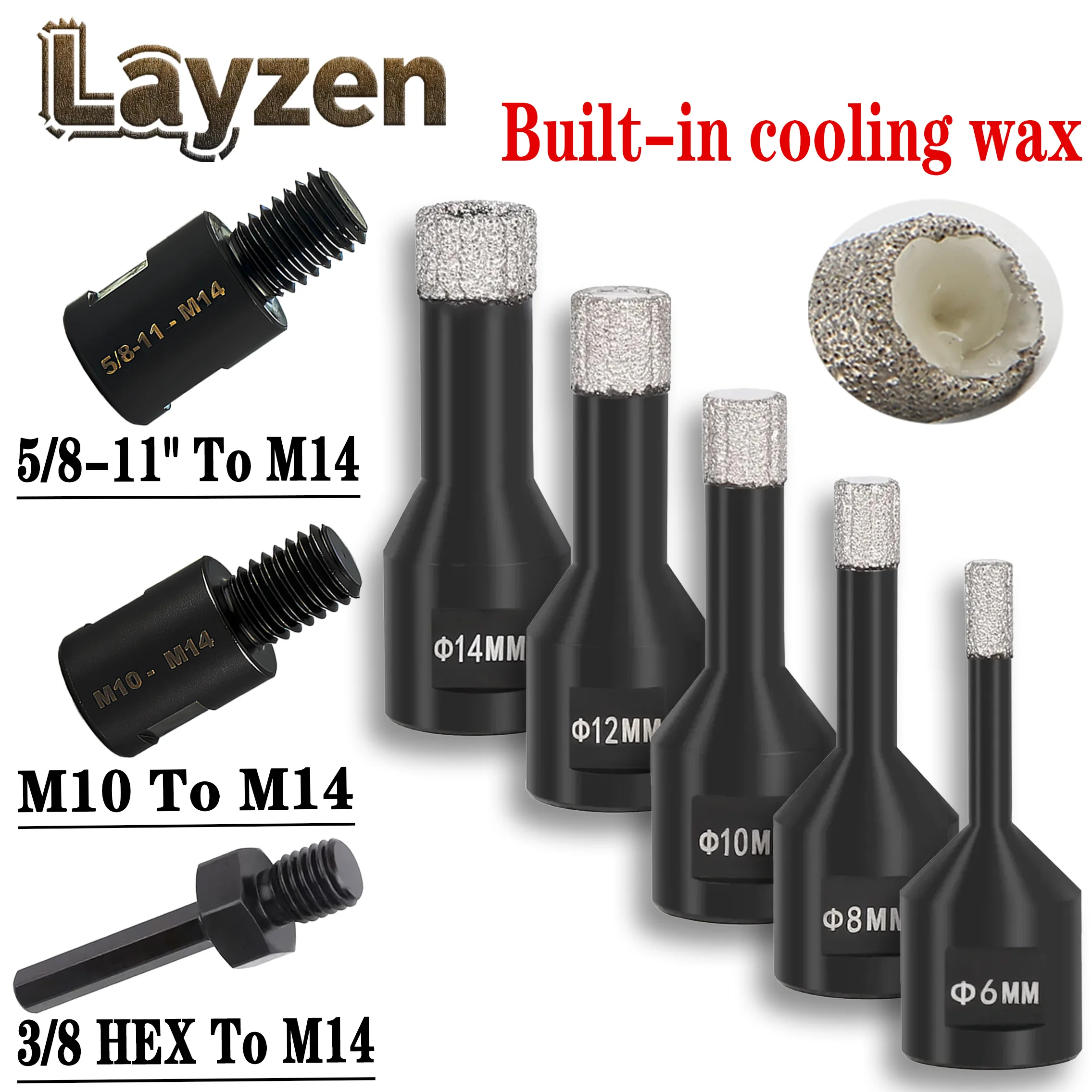 

Layzen 5/6Pcs M14 Thread Vacuum Brazed Dry Diamond Drill Bit Hole Saw M10 5/8-11ToM14 Adapter For Porcelain Tile Granite Marble