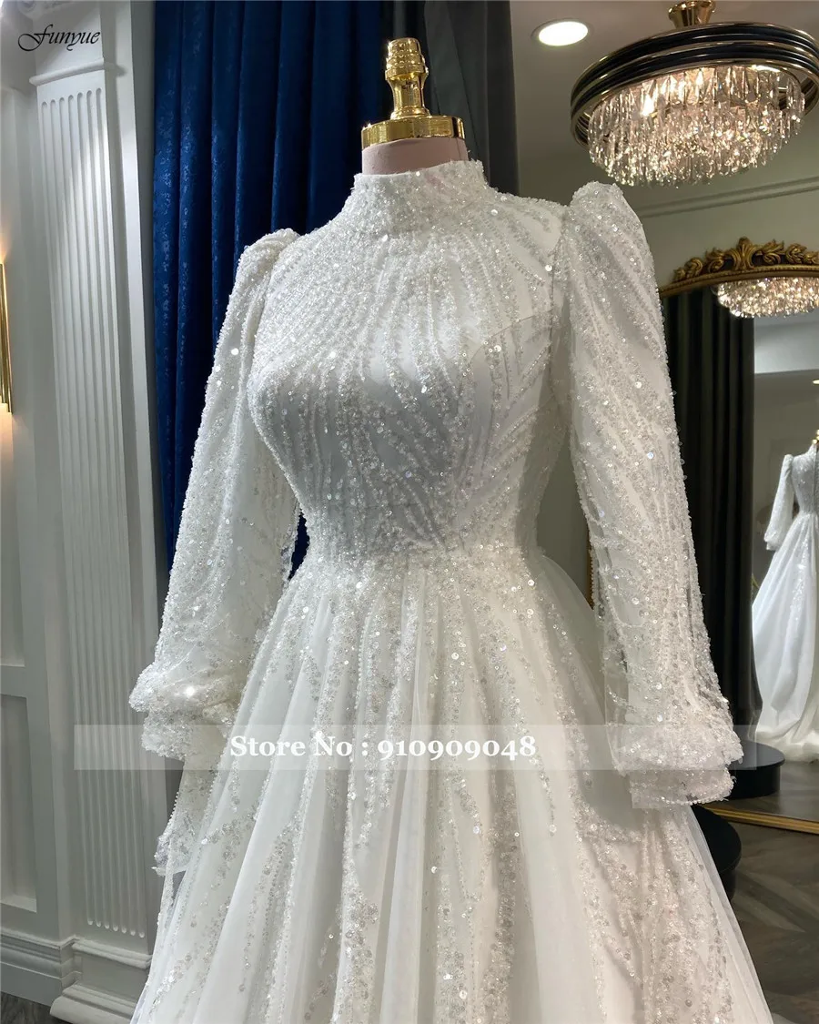 Funyue Luxury Long Sleeves Muslim Wedding Dresses Lace Beaded Dubai Arabic Bridal Gowns For Women Bride Robe De Mariée 2024