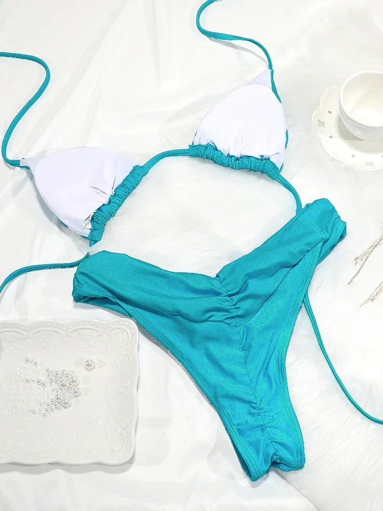 ZRTAK Sexy Triangle Bikini Swimsuit Thong Solid Swimwear Two Piece Suit Female Bathing Suits High Cut Fold Design Blue Bikini