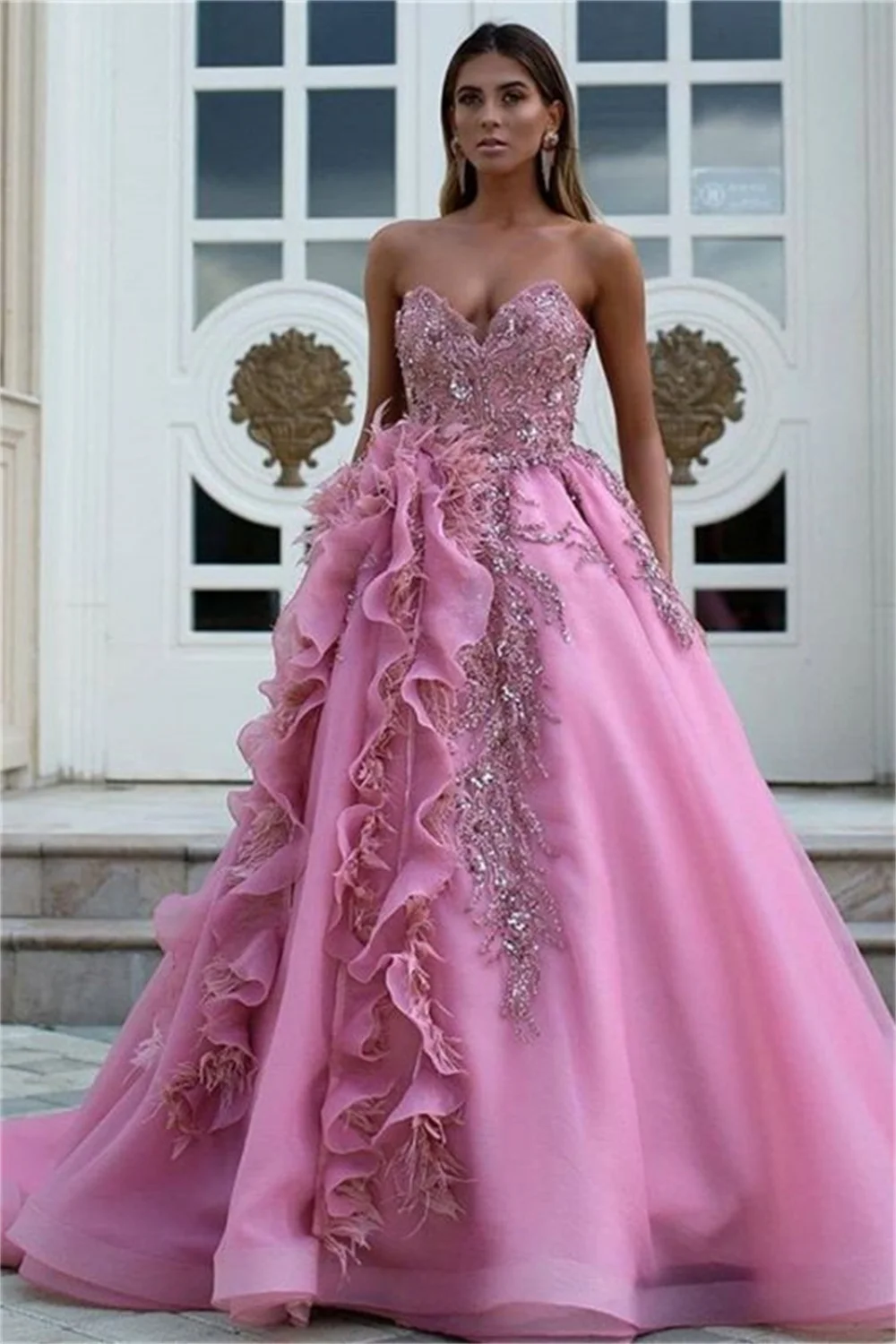 Sansa Pink Gliiter Embroid فساتين السهرة Sequins Ball Gown Prom Dress Elegant Strapless Sweep Train Vestidos De Noche