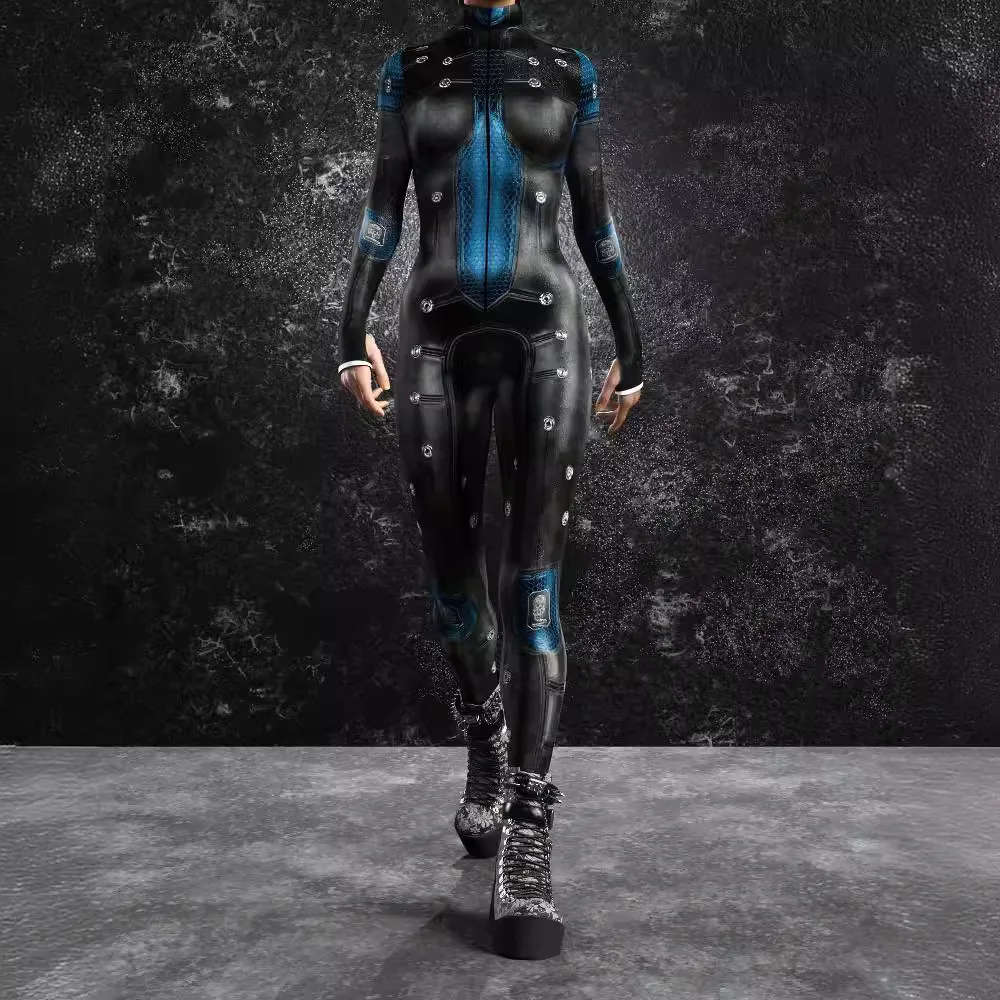 

Adult Cyber Mechanical Punk Armor Jumpsuit Women 3D Digital Printing Halloween Carnival Cosplay Tights Bodysuit