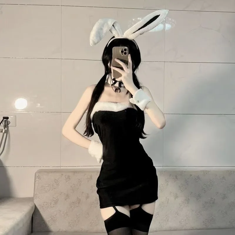 Fsia Sexy de Coelhinha com Saia Curta para Dança em Tema de Natal e loween, Saia Alta com Cintura Envolvente em Cor Pura