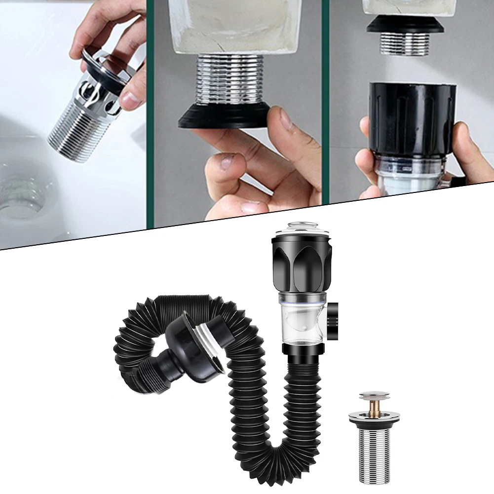 Washbasin Drain Fitting Siphon Retractable Sink Deodorant Hose Kitchen Sink Drain Washbasin Press Type Kitchen Accessories