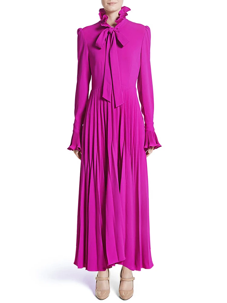 Delocah Spring And Summer High-end European And American Rose Red Long-sleeved Purple Pleated Slimming Long Female Dress