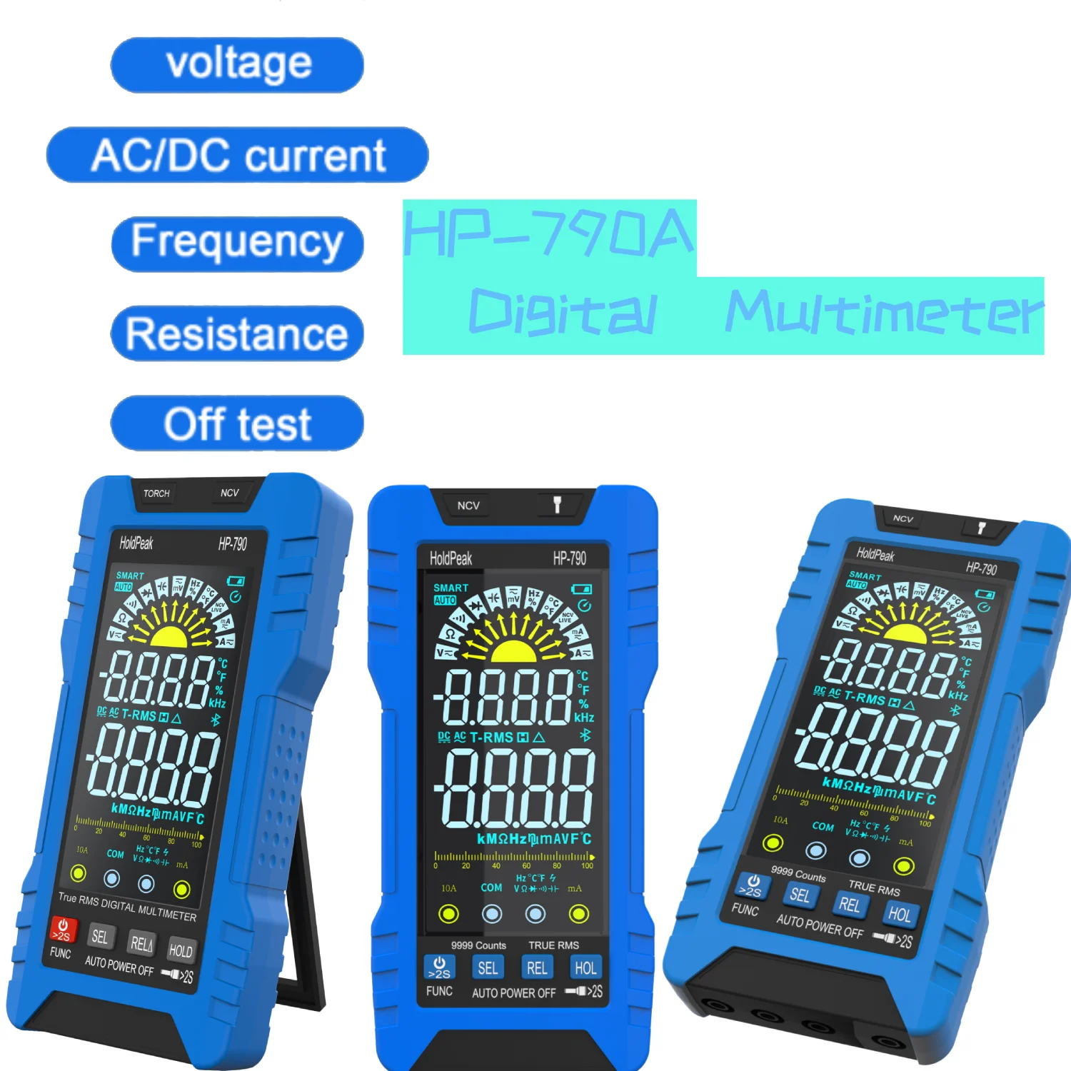 790A Color LCD Multimeter 9999 Counts TRMS, Auto/Manual Range with Torch NCV CAT 600V Temp Freq Tester for Field & Auto Work