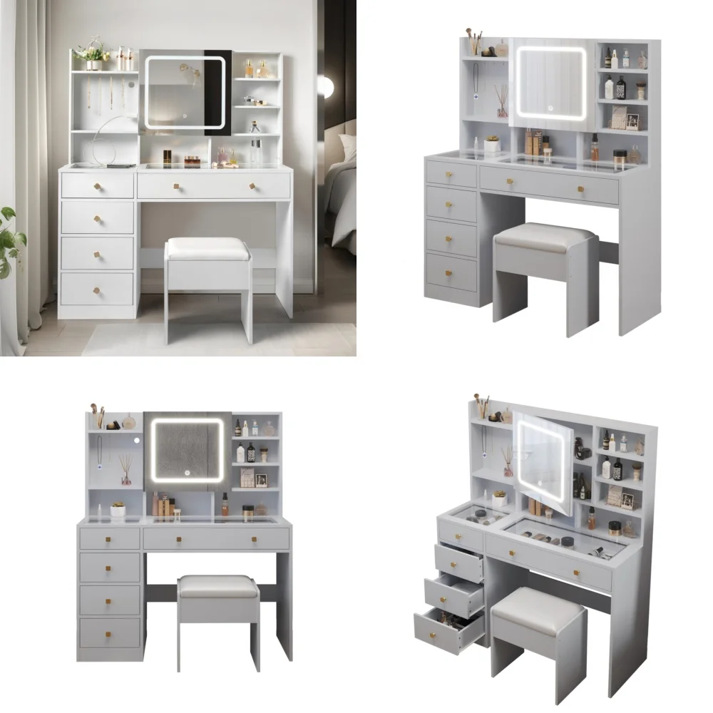 

Makeup VanitiesLarge LED Vanity Table with Mirror 5 Drawers Charging Station White
