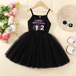 Kuromi Sanrio Girl Princess Skirt Slip Dress Children Casual Dresses Clothing Print Net Yarn Short-Sleeved Pleated Dress Gift