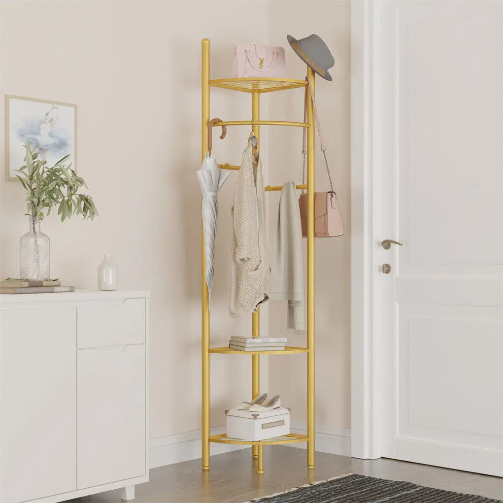 

Free Standing Metal Corner Coat Stand Clothes Rack with Storage Shelf Garment Rack Hall Tree