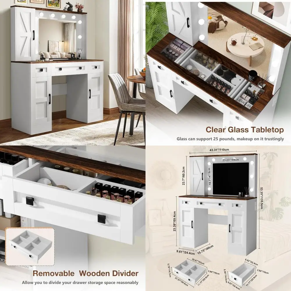 Vanity Desk con piano in vetro con specchio, luci e stazione di ricarica, con 3 cassetti e 3 armadietti per riporre oggetti