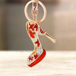 Cute Rhinestone Crystal Red Star High Heel Shoes Keychain Pentagram Shoes Key Chain Key Ring Holder Pendant Keyring