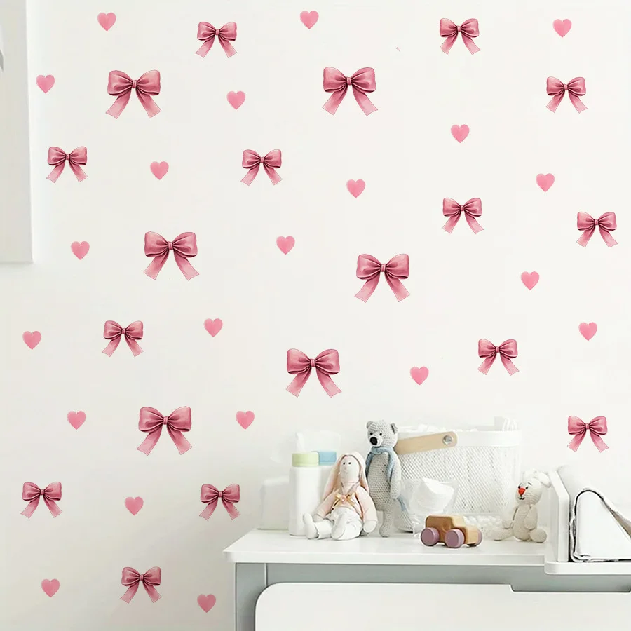 Rosa Schleife & Herz Wandtattoos, Abnehmbare Selbstklebende Wandaufkleber, Niedliche Schleifendekoration für Mädchenzimmer Kinderzimmer – Detail 4