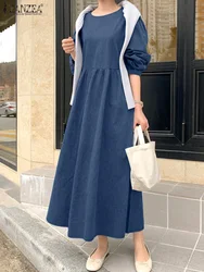 ZANZEA Women Denim Elegant Midi Dress Fall 2024 Vintage Lantern Long Sleeve O Neck Long Robe Casual Loose Commute Solid Vestidos