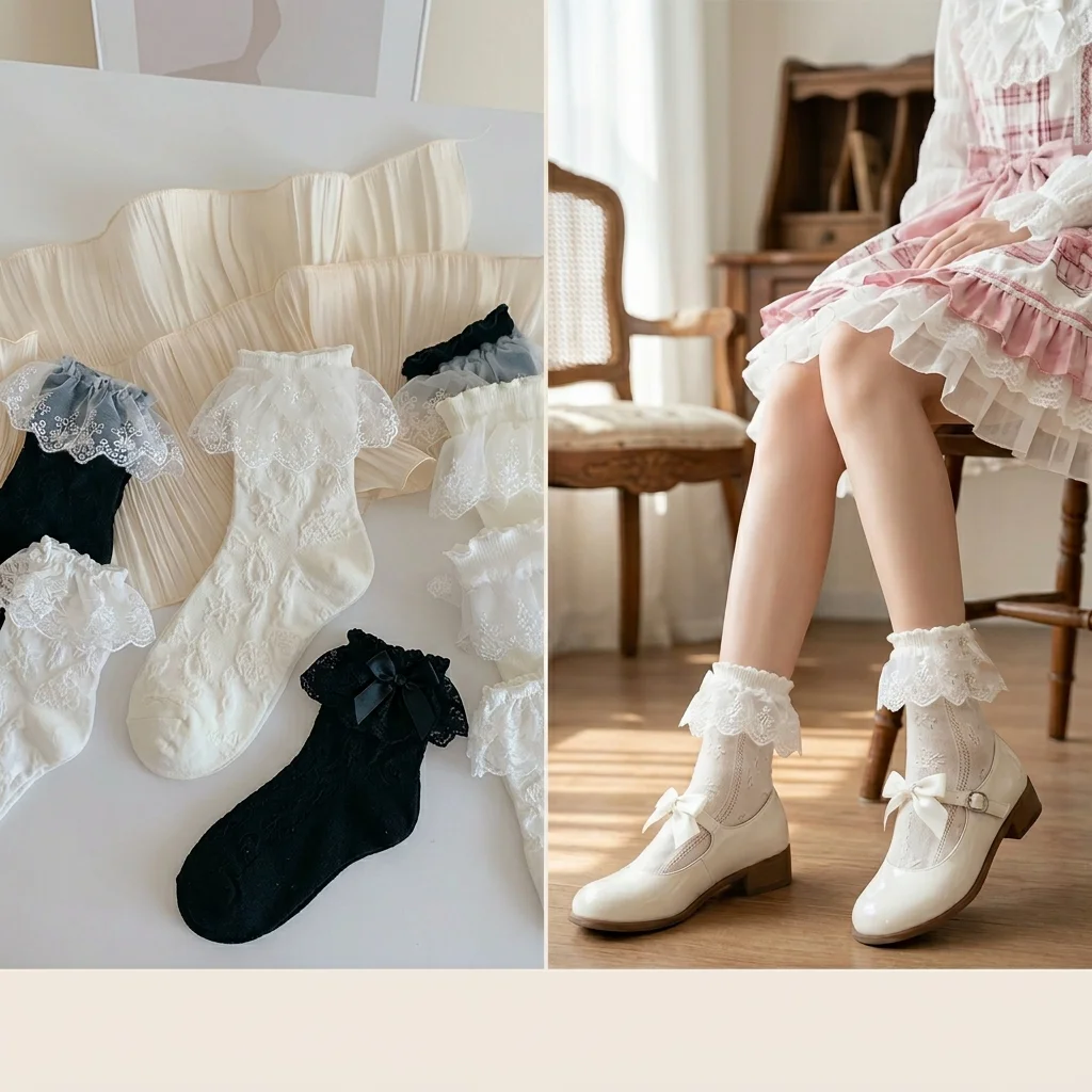 Fashion Lace Ruffle Socks for Women Lolita Vintage White Black Cotton Socks Frilly Ankle Socks Japanese Style Princess Socks