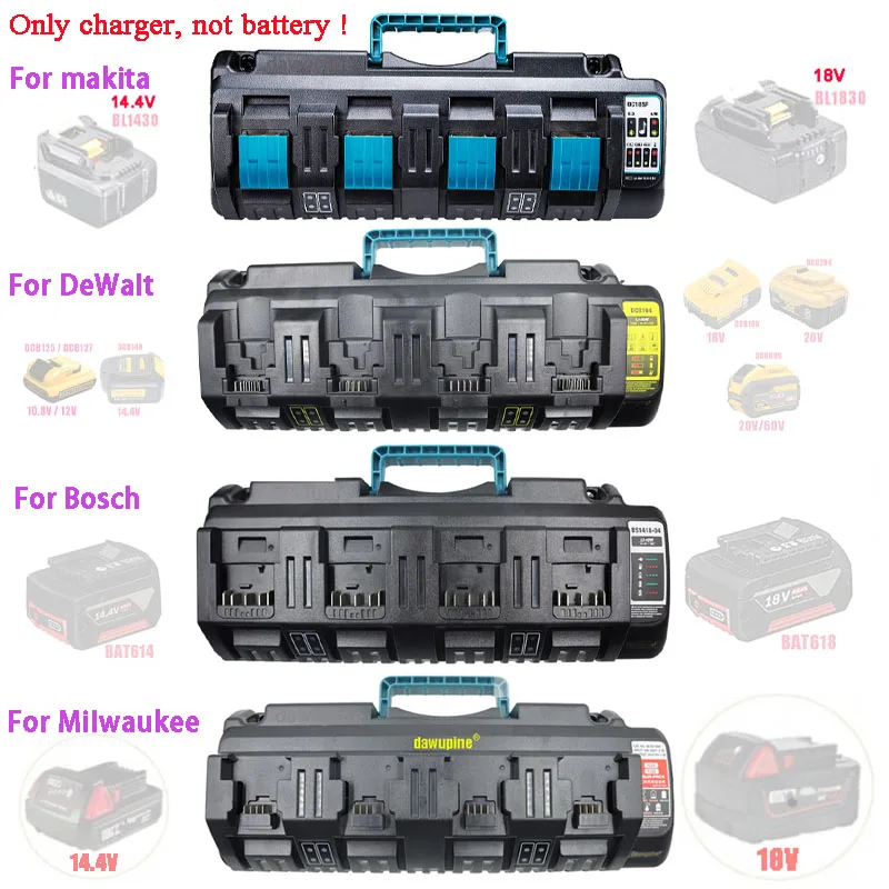 Carregador de bateria do li-íon de 4 portas, para makita, dewalt, milwaukee, 14.4v, 18v, 20v, dc18sf, dcb104, bs1418, bl1830, al1860