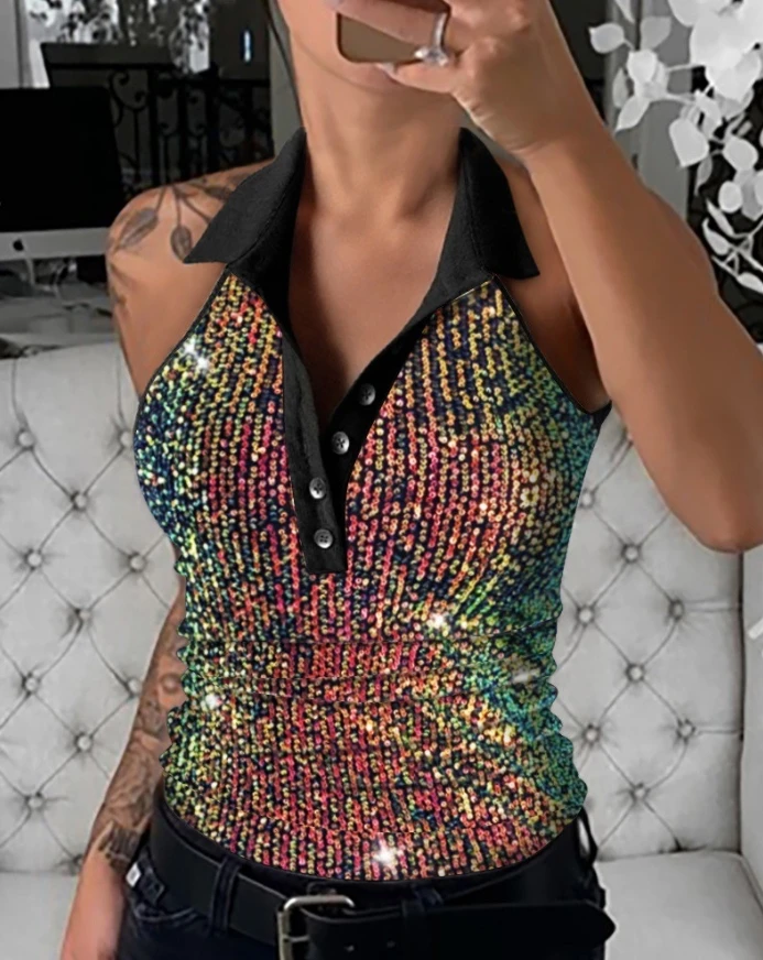 Women's contrasting sequin lapel sleeveless vest 2025 summer new button design casual sexy slim fit top vest women's clothing