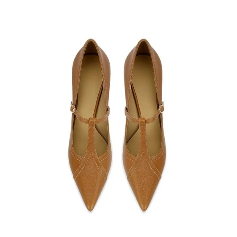 

2025 New Genuine Leather Office Ladies Pumps Pointed Toe T-strap Thin High Heels Mary Janes Leather Shoes for Women Dress