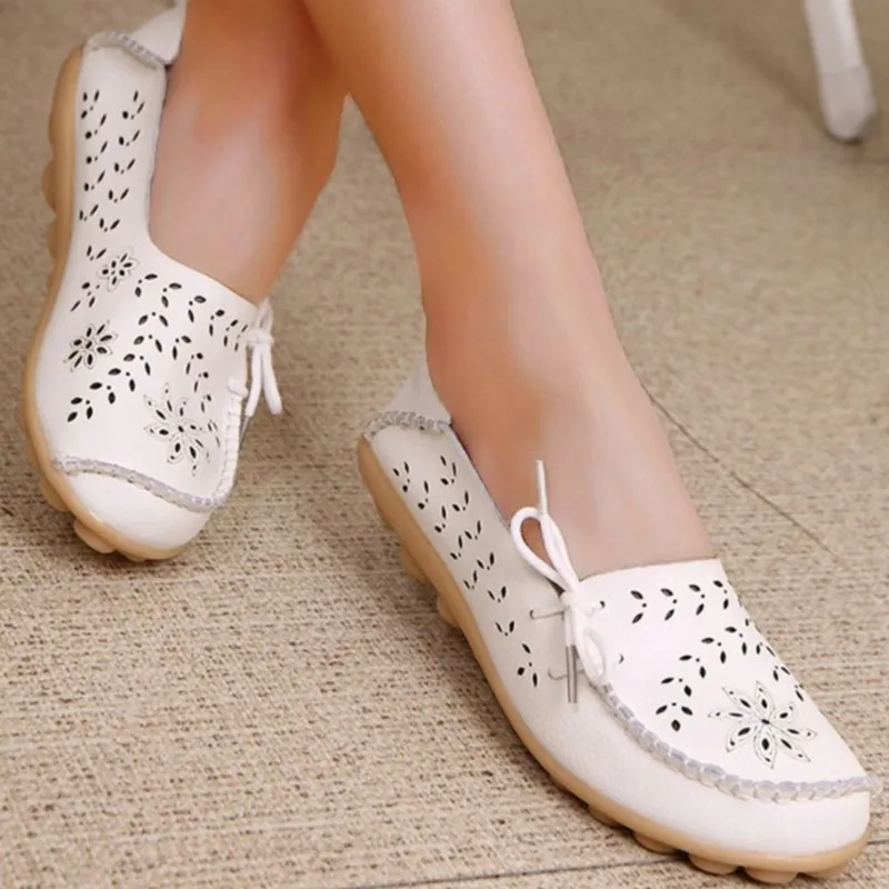 Flats Shoes Woman Fashion Hollow Bowtie Women's Loafers Plus Size Moccasins Genuine Leather Shoes Footwear Zapatos De Mujer