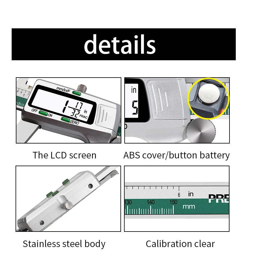 ET50 Green Spelling Stainless Steel Vernier Calipers with Fractions with Metal Digital Mixed Score Display