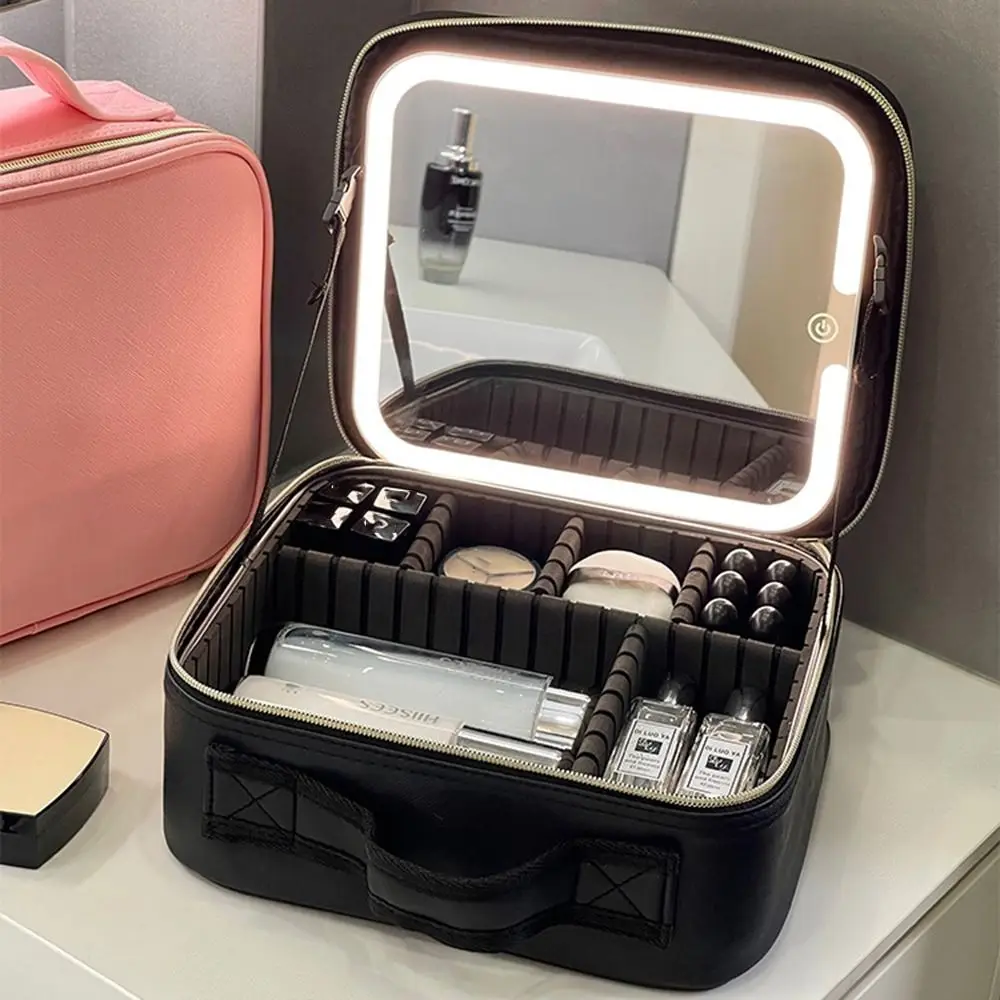 Multi-compartments Makeup Bag with LED Lights Detachable Dividers Separate Makeup Brush Storage LED Makeup Storage Box Handle