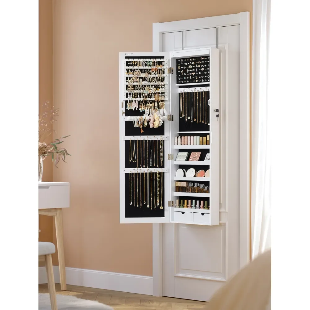 6 LEDs Mirror Jewelry Cabinet, Big Jewelry Organizer Box, 47.2Inch Tall Lockable Wall Or Door Mounted Jewelry Armoire Organizer