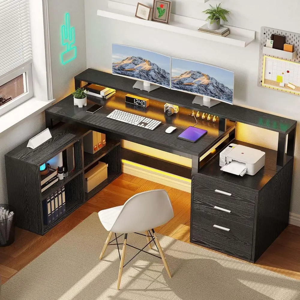 65 L-Shaped Home Office Desk with Storage, Printer Stand, Power Outlets, and LED Lights - Black
